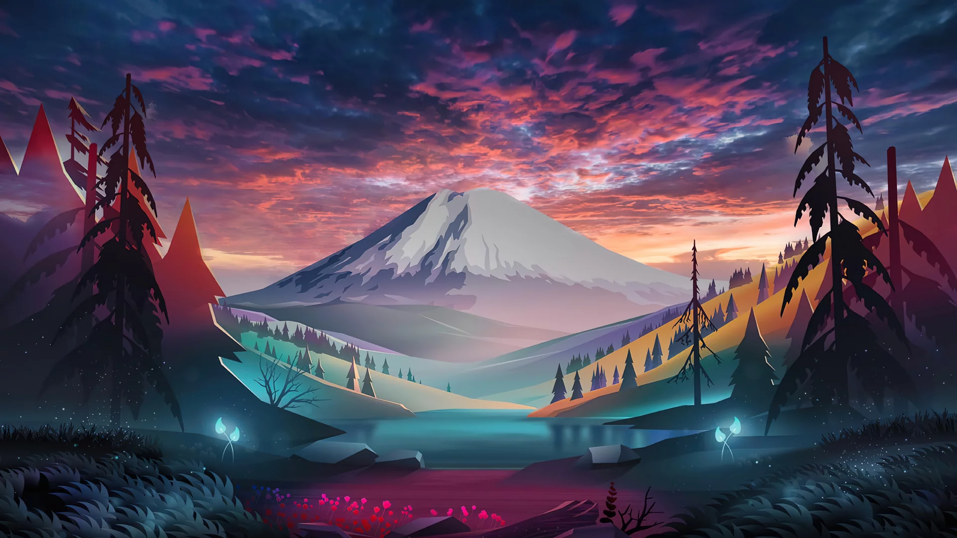Arte digital de paisaje natural: nubes y bosque de montaña