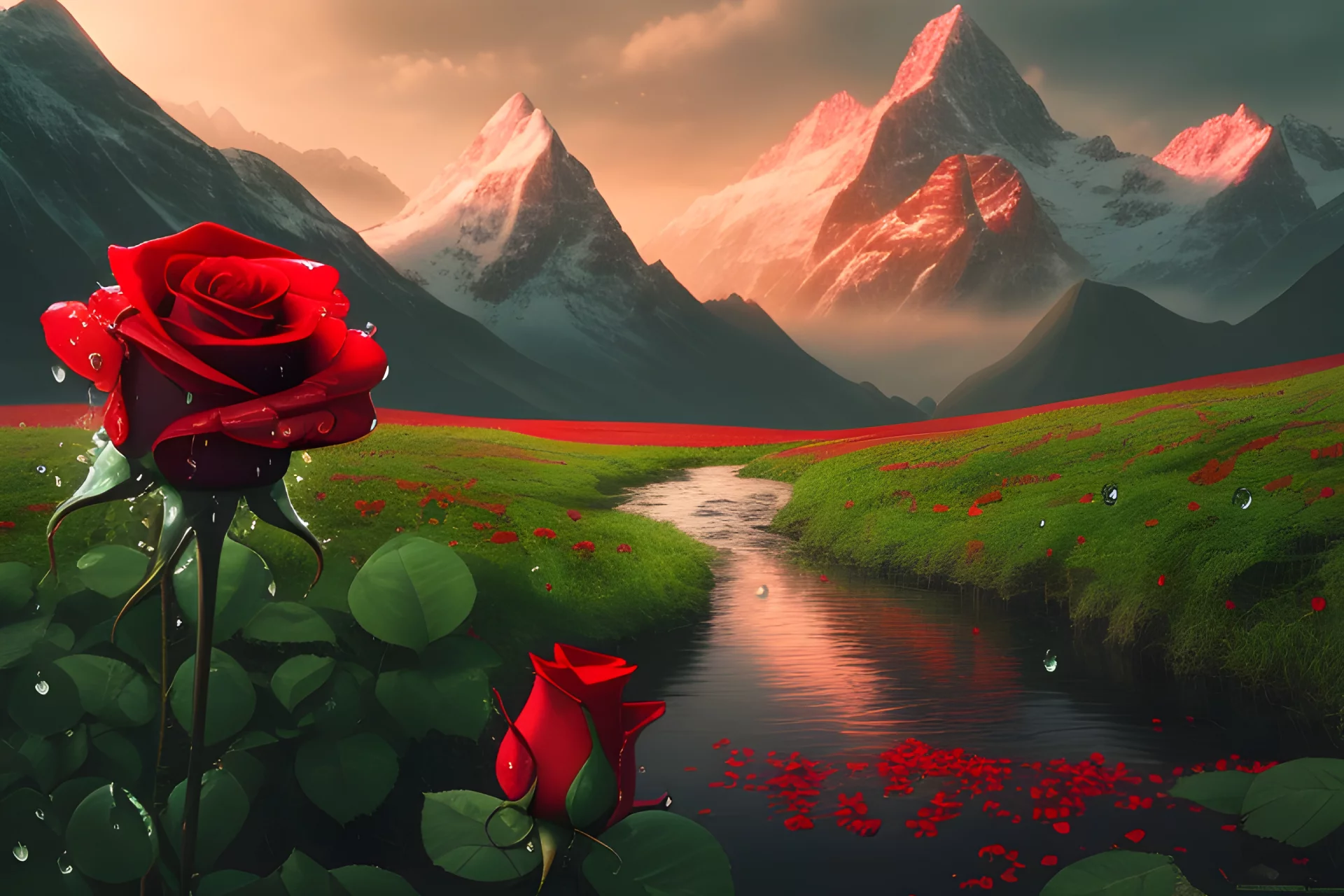 Rosas rojas y montañas nevadas