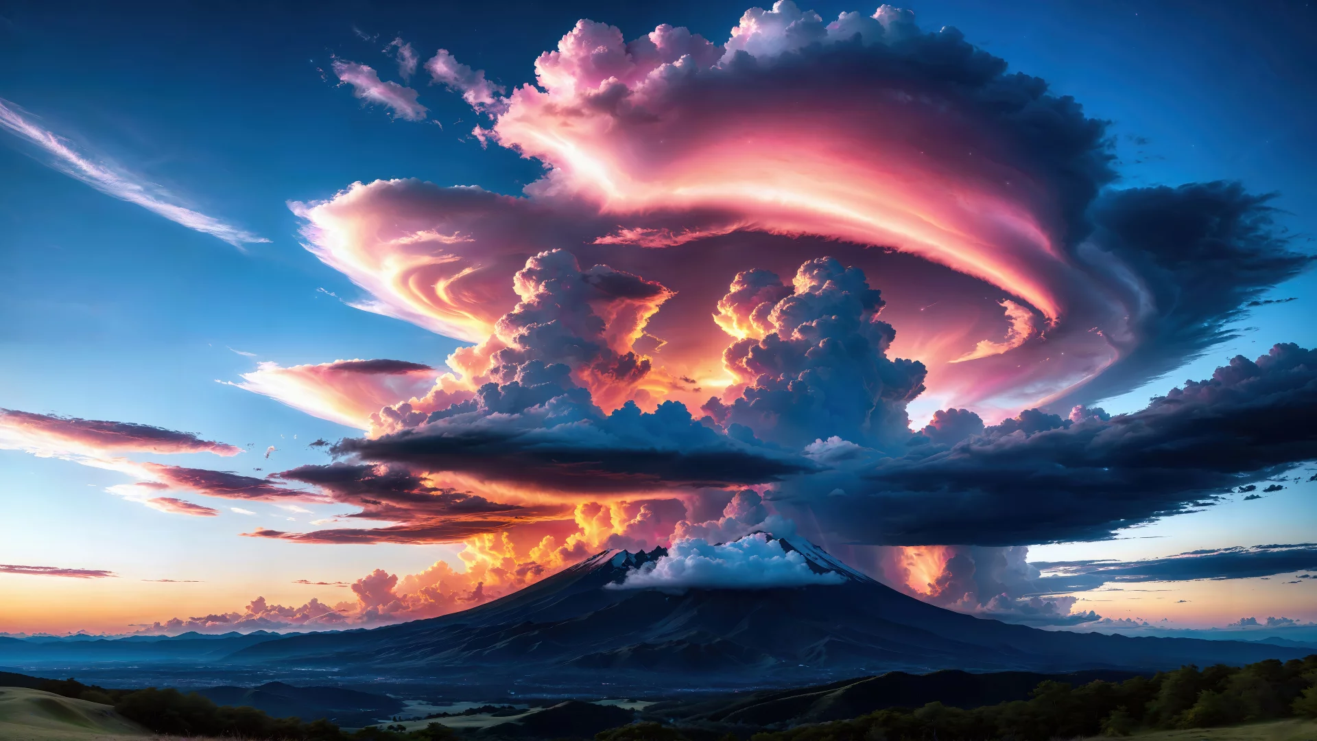 Arte digital de un amanecer con nube volcánica