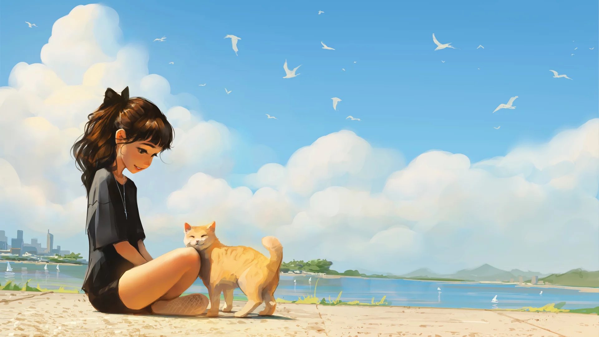 Arte digital de una chica y gatito