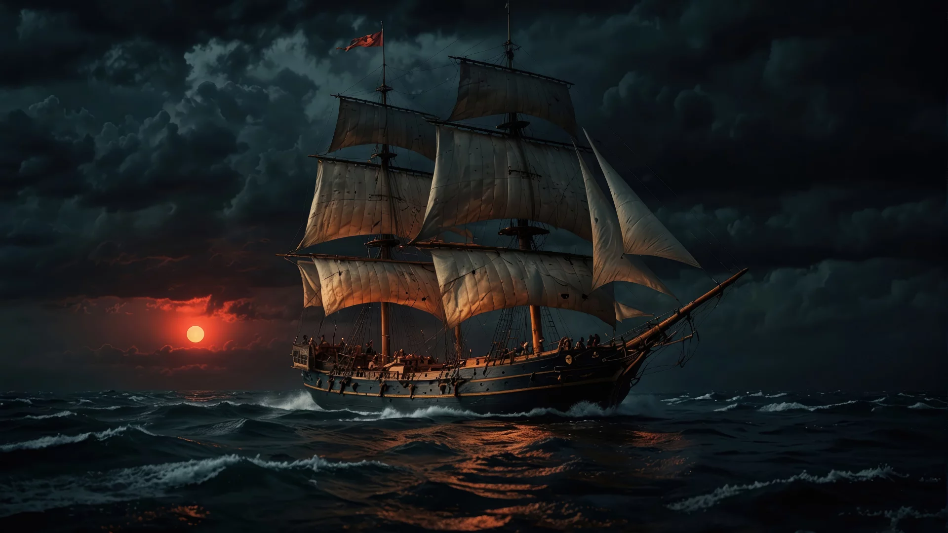 Barco antiguo en el océano al atardecer