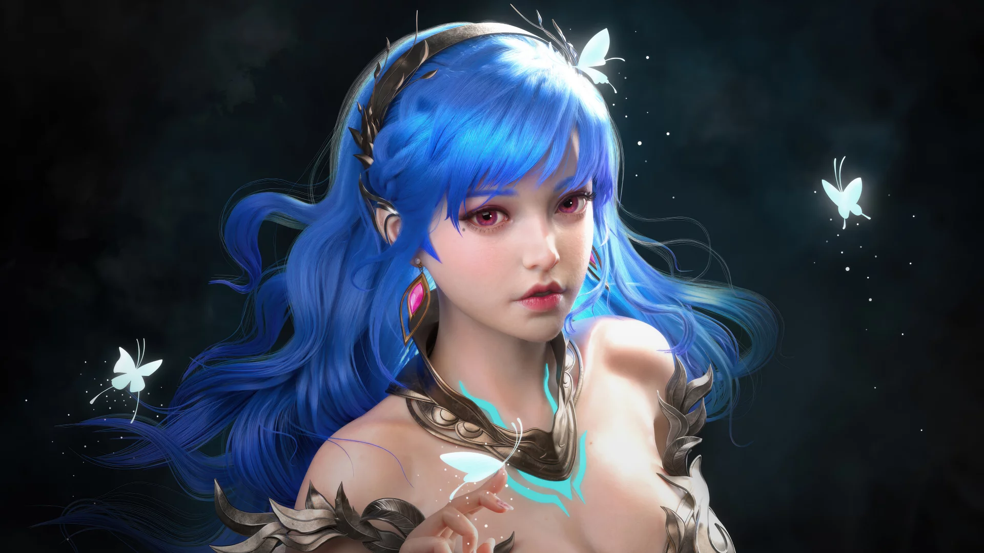 Chica anime fantasía con pelo azul