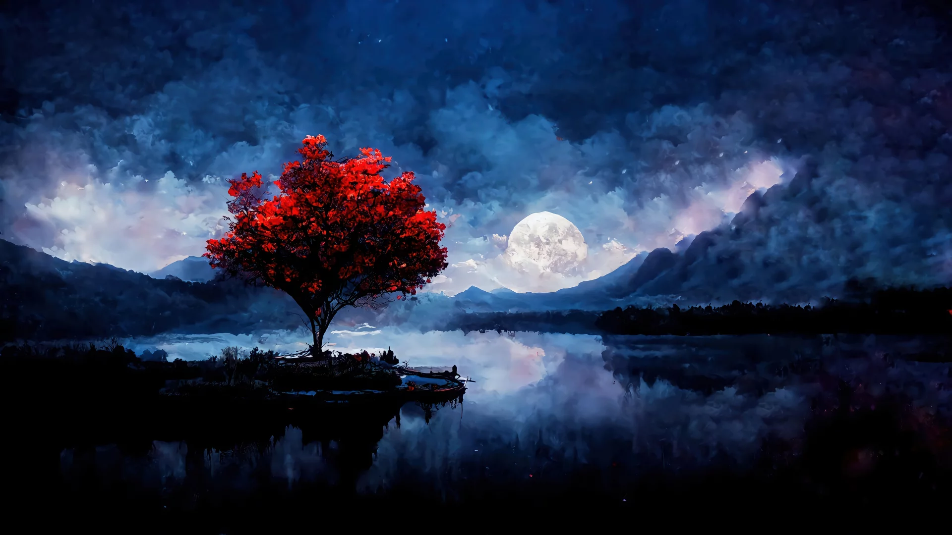 Paisaje digital nocturno de lago, luna, árboles, montañas y nubes