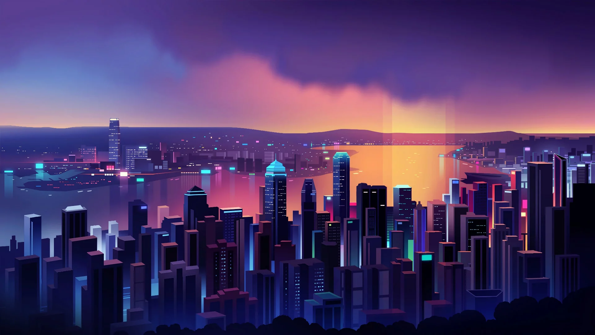 Ciudad atardecer neon