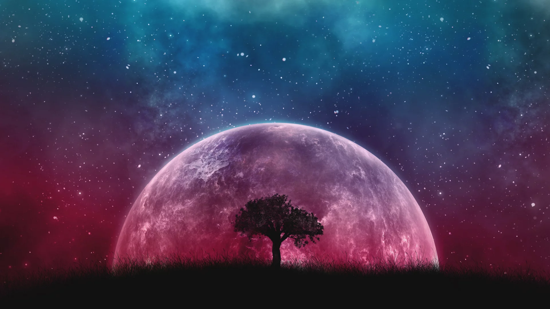 Silueta de un árbol solitario bajo un planeta