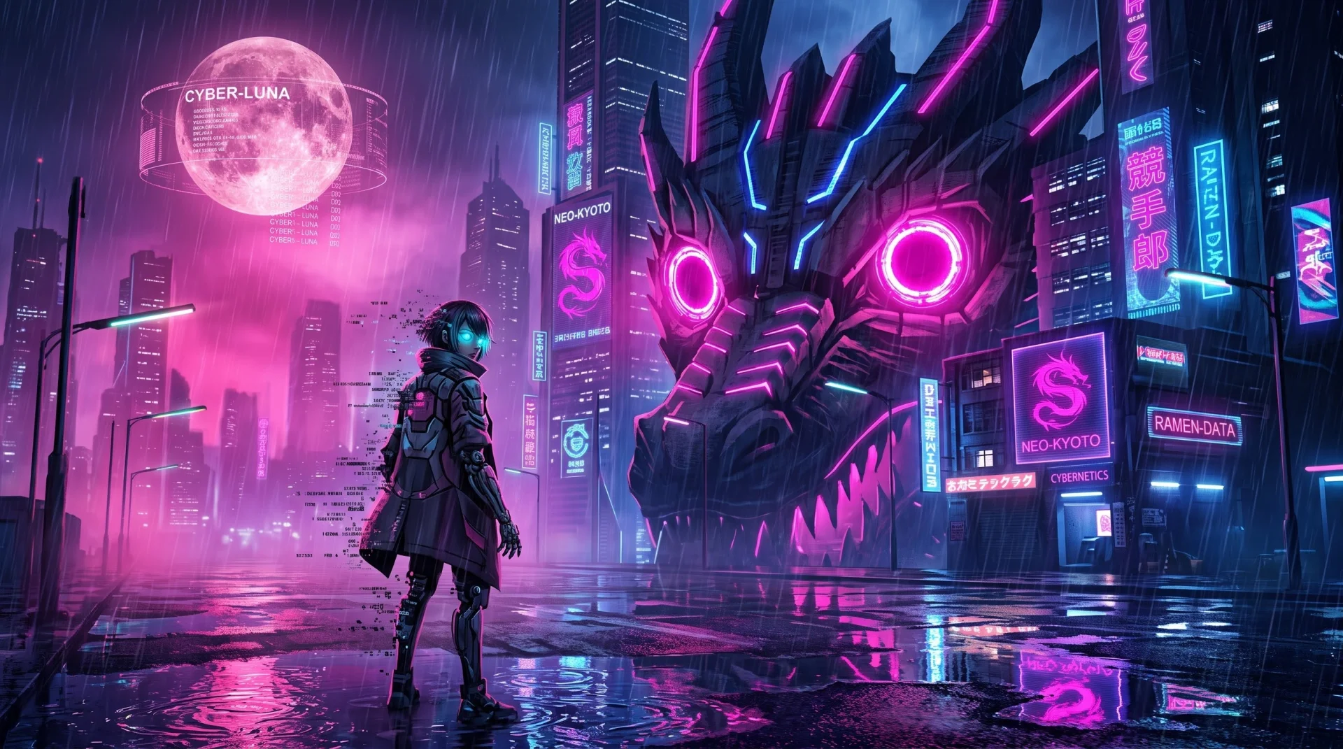 Chica y dragon en Cyberpunk