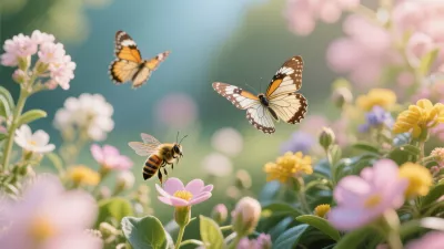 Jardin Primaveral Con Mariposas Y Abejas