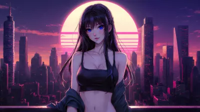 Chica Anime En Ciudad Estilo Retrowave