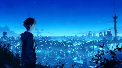 Chico Anime en lo alto de la ciudad