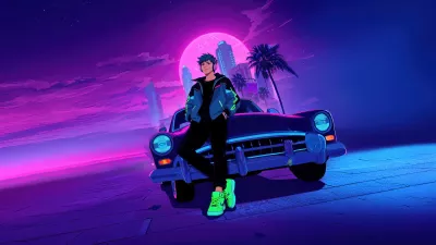 Chico anime, coche, luna de noche