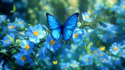 Mariposa azul sobre flores