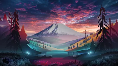 Arte digital de paisaje natural: nubes y bosque de montaña