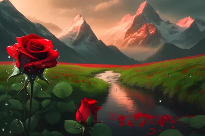 Rosas rojas y montañas nevadas