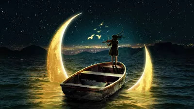 Chica en bote y la luna
