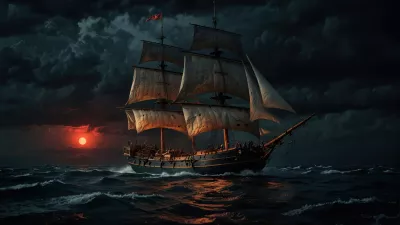 Barco antiguo en el océano al atardecer