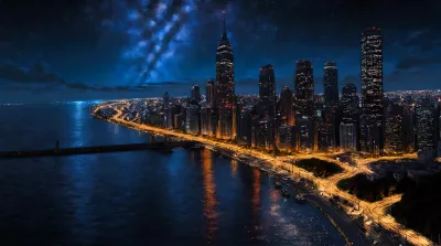 Ciudad resplandeciente bajo un cielo estrellado