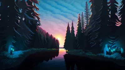 Bosque rio y cielo de colores