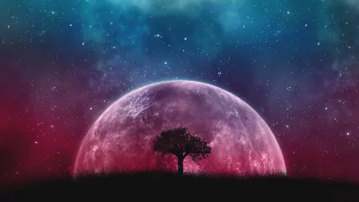 Silueta de un árbol solitario bajo un planeta