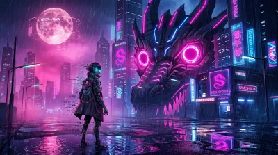 Chica y dragon en Cyberpunk