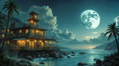 Casa al anochecer con luna en el Cielo