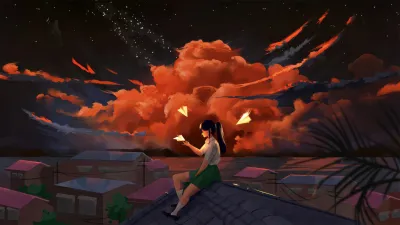 Chica en la azotea haciendo aviones de papel