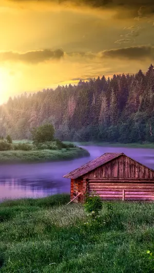 Cabaña, RíO, Bosque, Atardecer, Paisaje