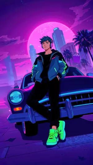 Chico anime, coche, luna de noche