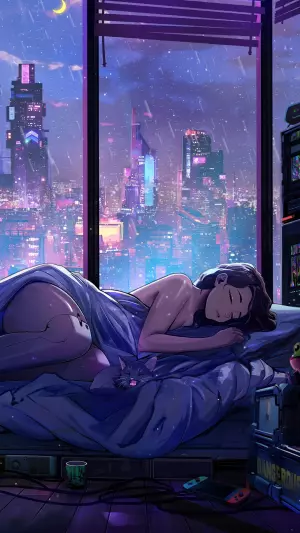 Chica anime durmiendo - ciudad cyberpunk