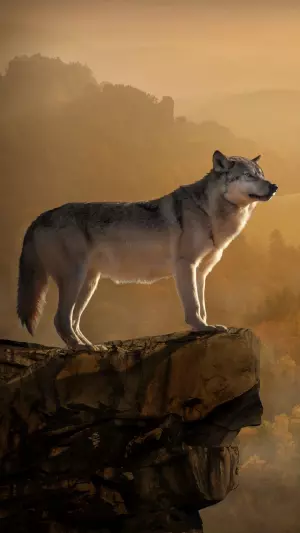 Lobo sobre una roca en lo alto del bosque