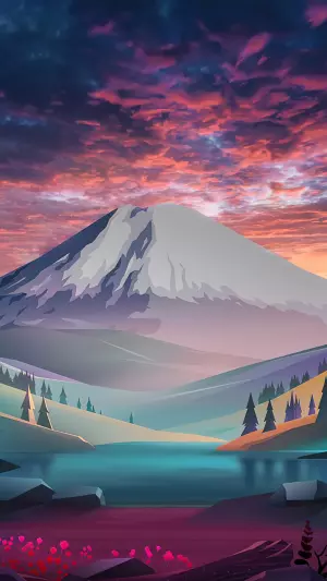 Arte digital de paisaje natural: nubes y bosque de montaña