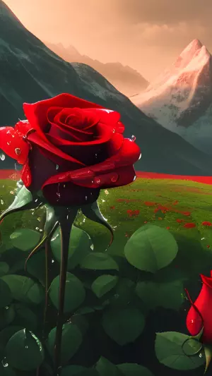 Rosas rojas y montañas nevadas