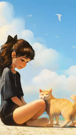 Arte digital de una chica y gatito