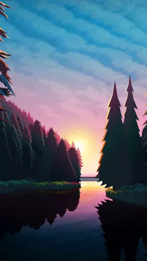Bosque rio y cielo de colores