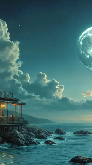 Casa al anochecer con luna en el Cielo