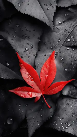 Hoja de arce roja sobre hojas negras
