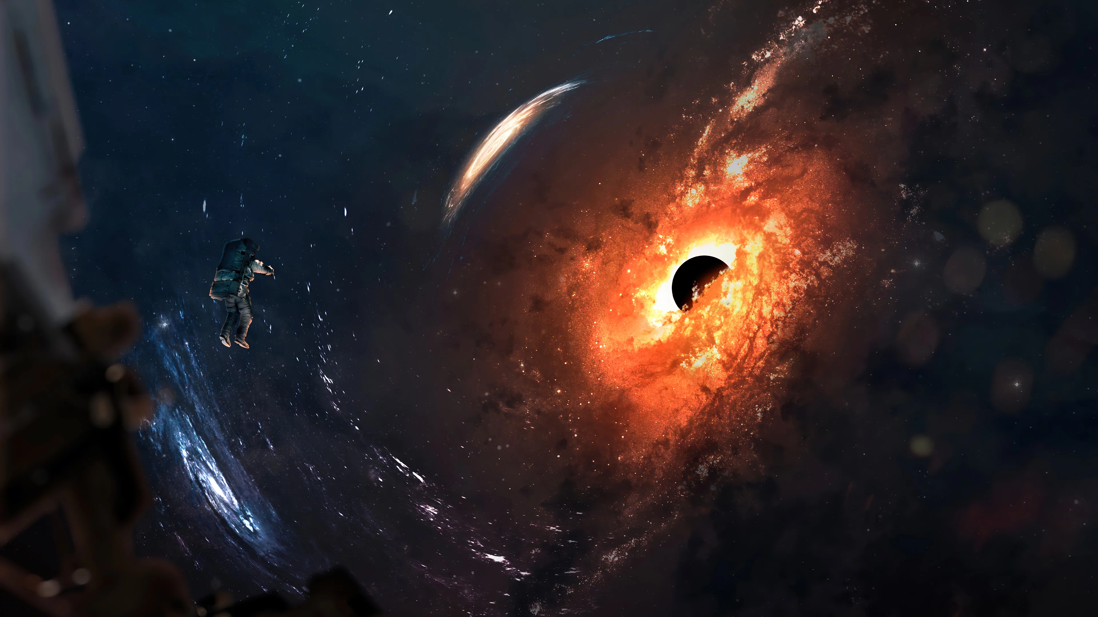 Astronauta en agujero negro y galaxias