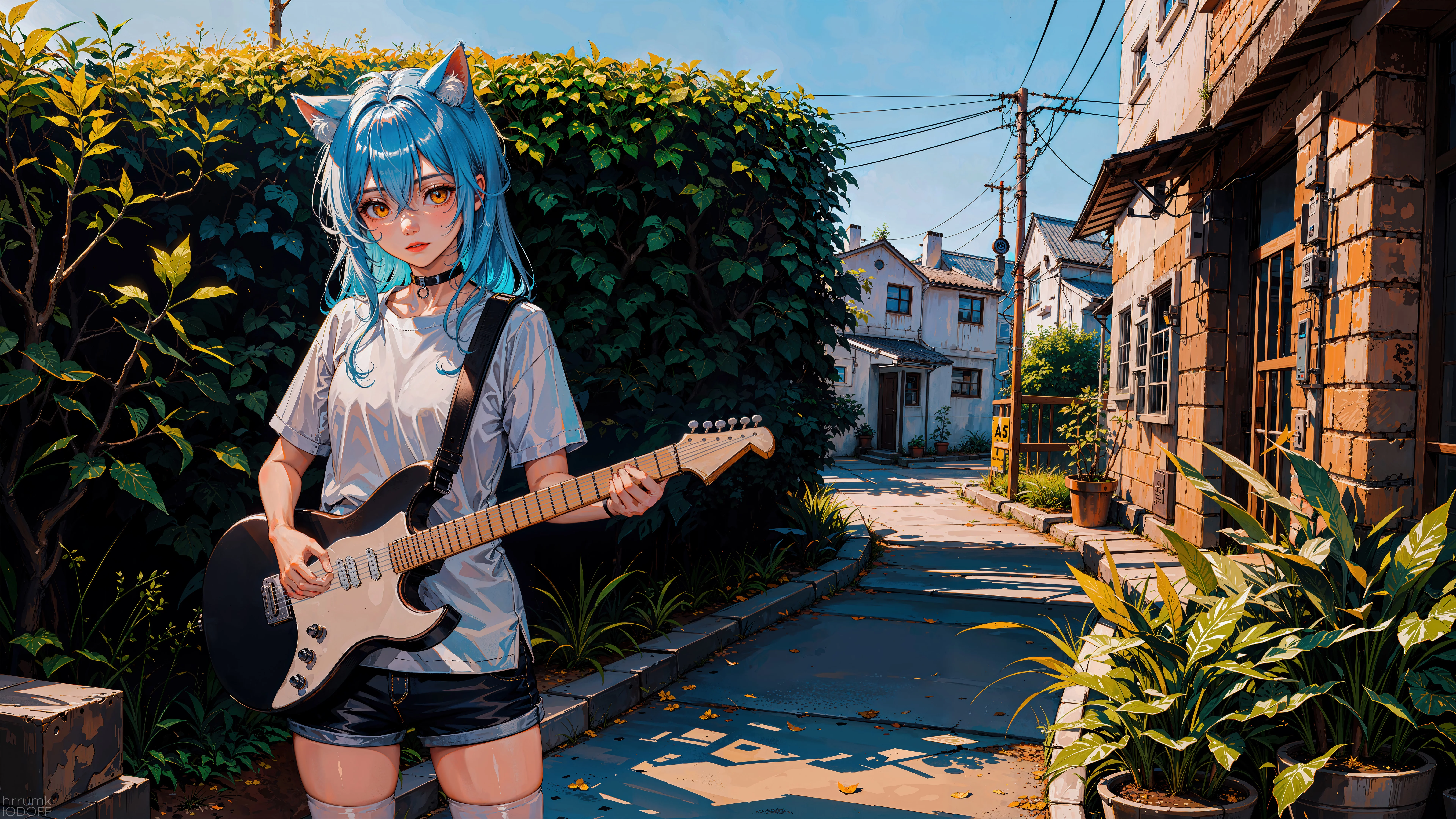 Chica anime gato tocando guitarra