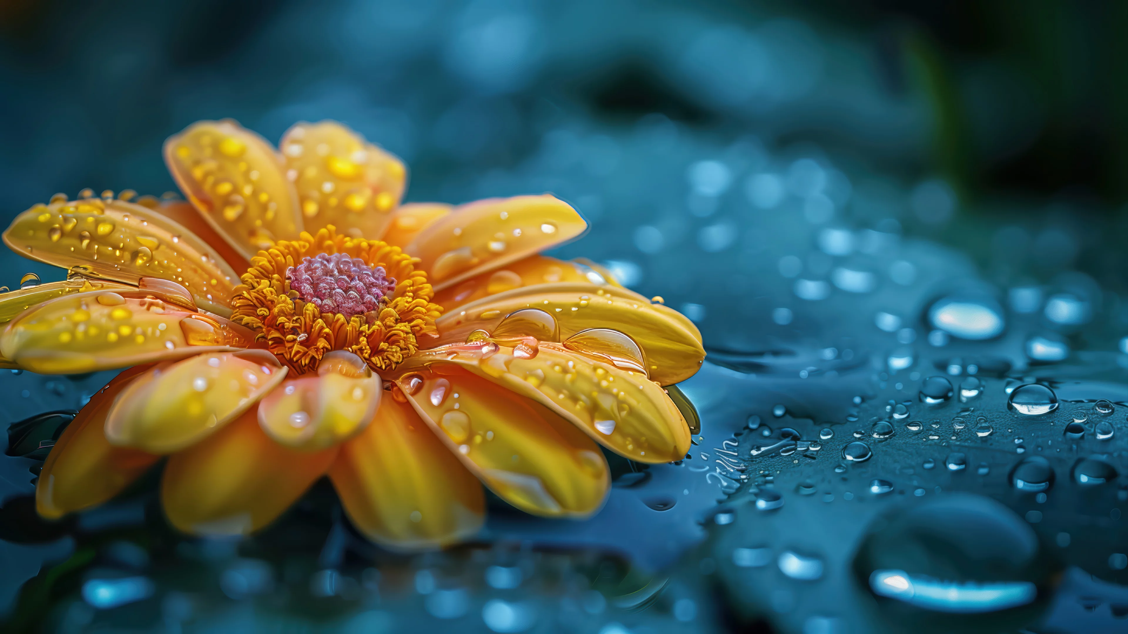 Gota de lluvia en una flor amarilla