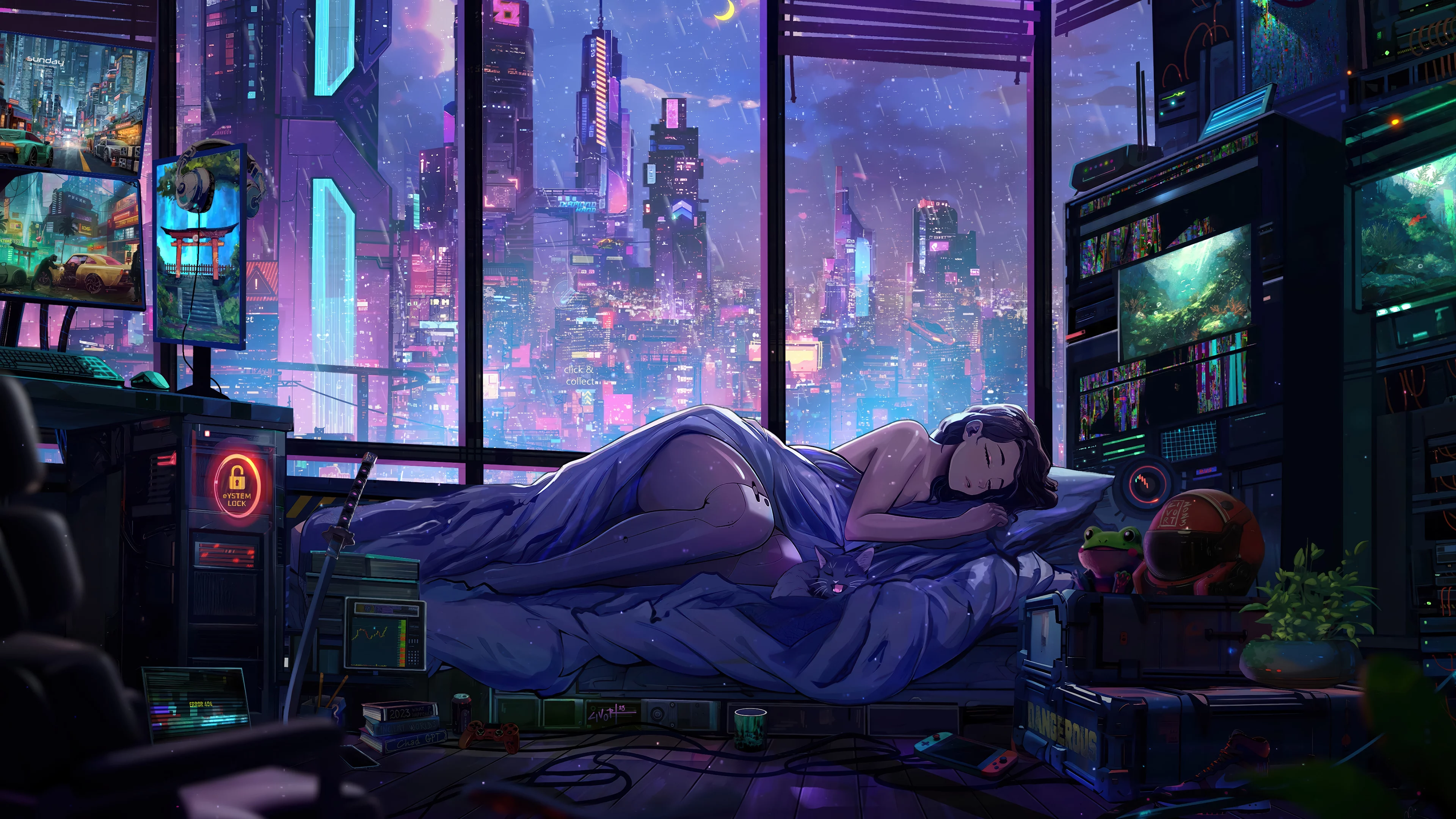 Chica anime durmiendo - ciudad cyberpunk