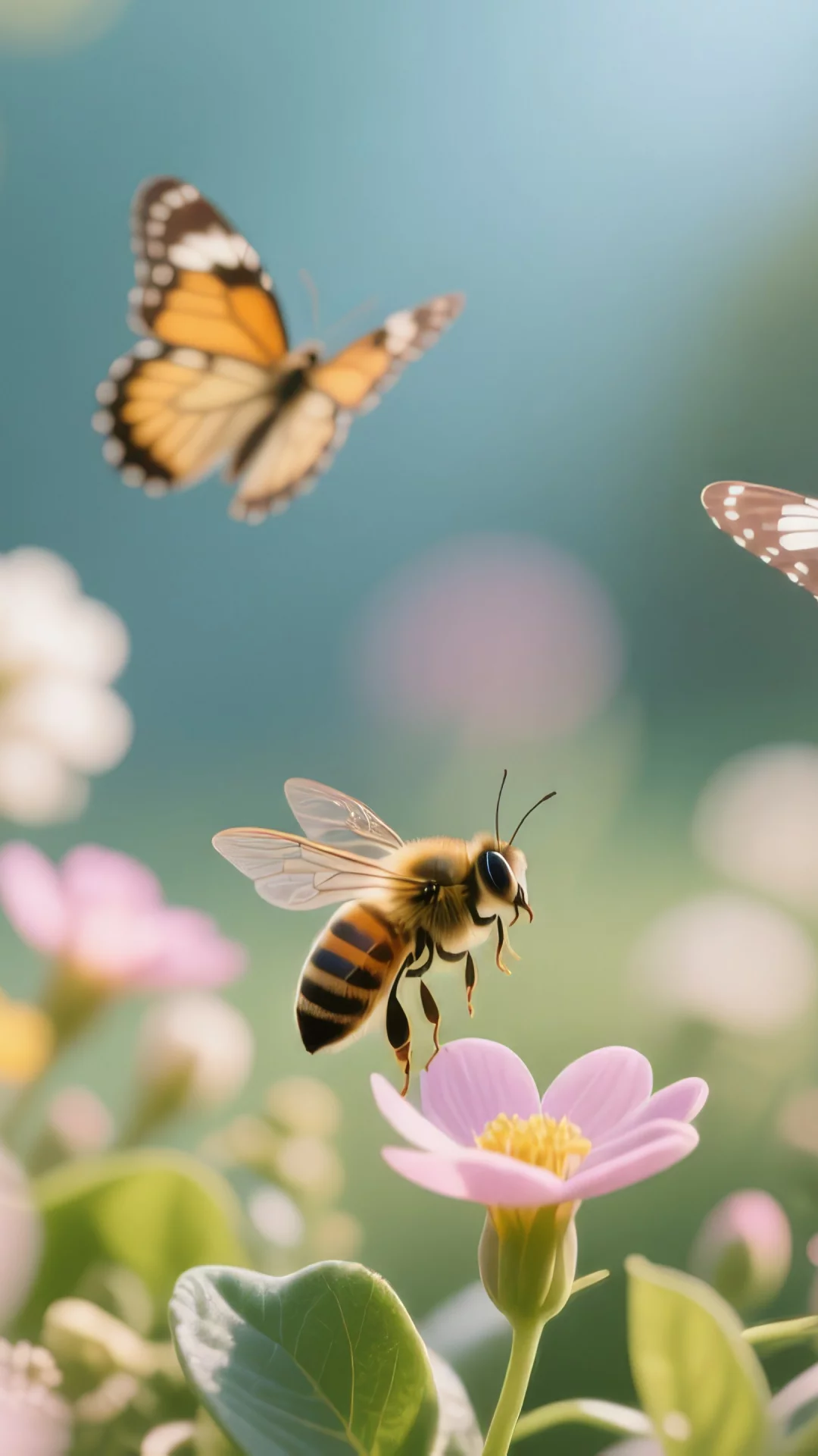 Jardin Primaveral Con Mariposas Y Abejas