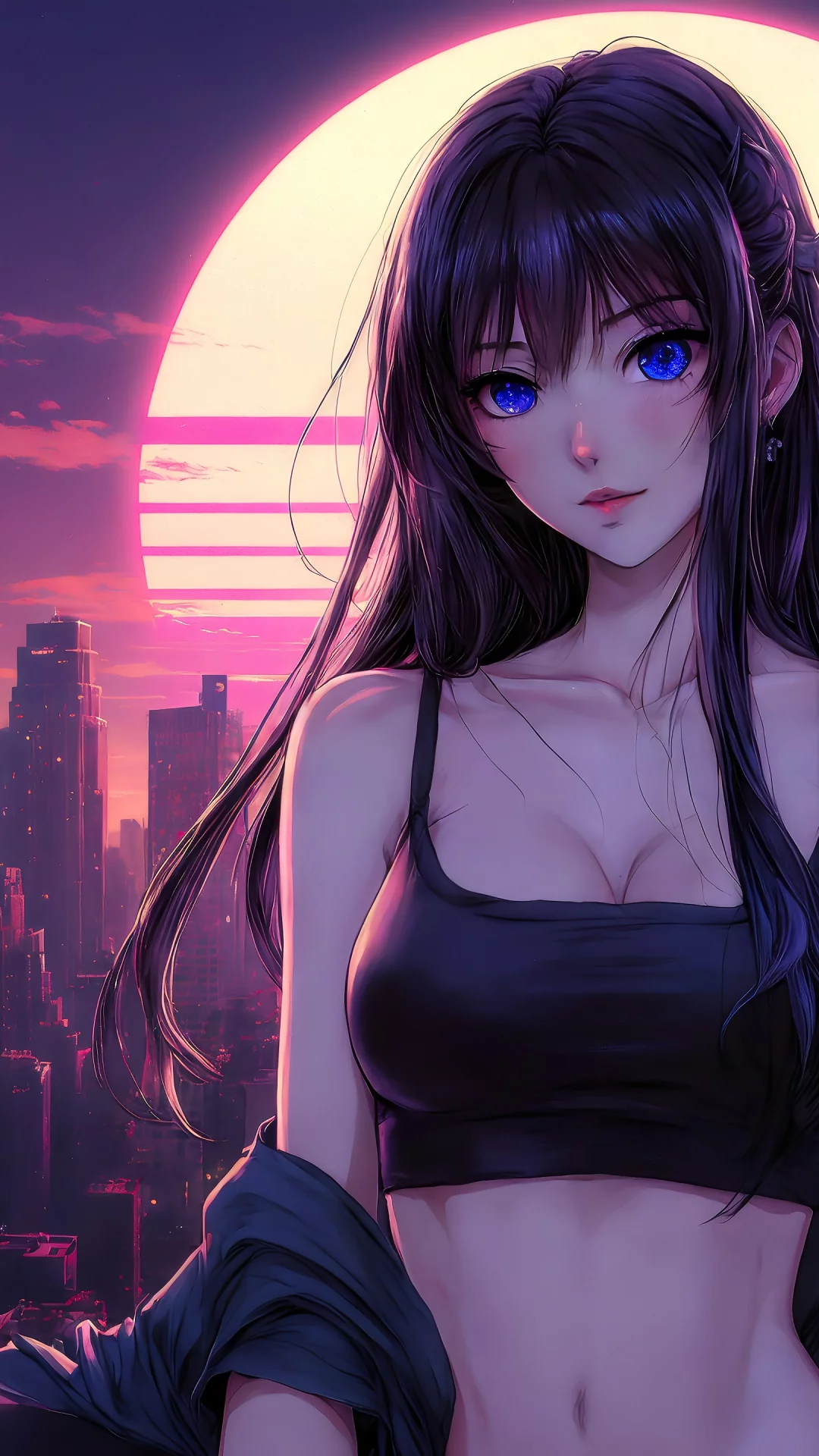 Chica Anime En Ciudad Estilo Retrowave