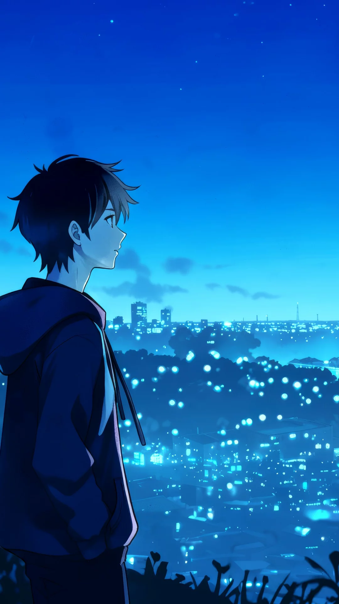 Chico Anime en lo alto de la ciudad