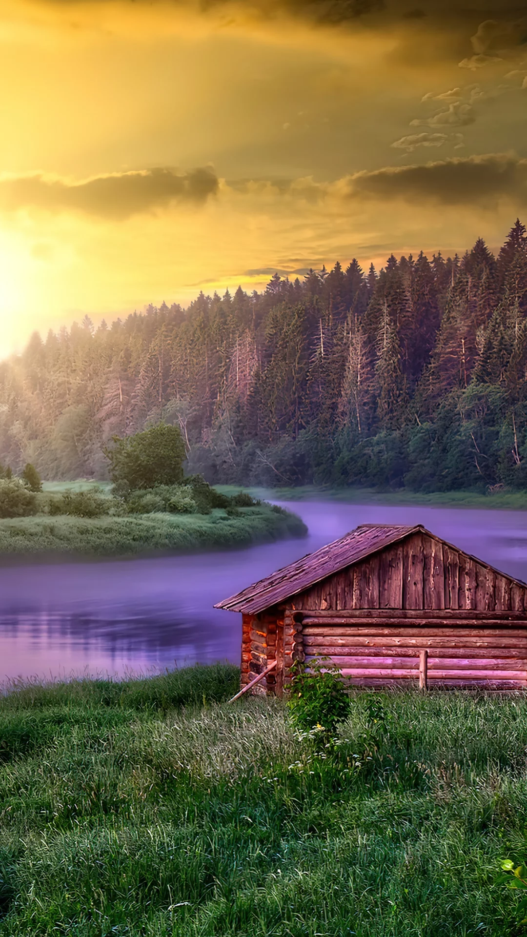 Cabaña, RíO, Bosque, Atardecer, Paisaje